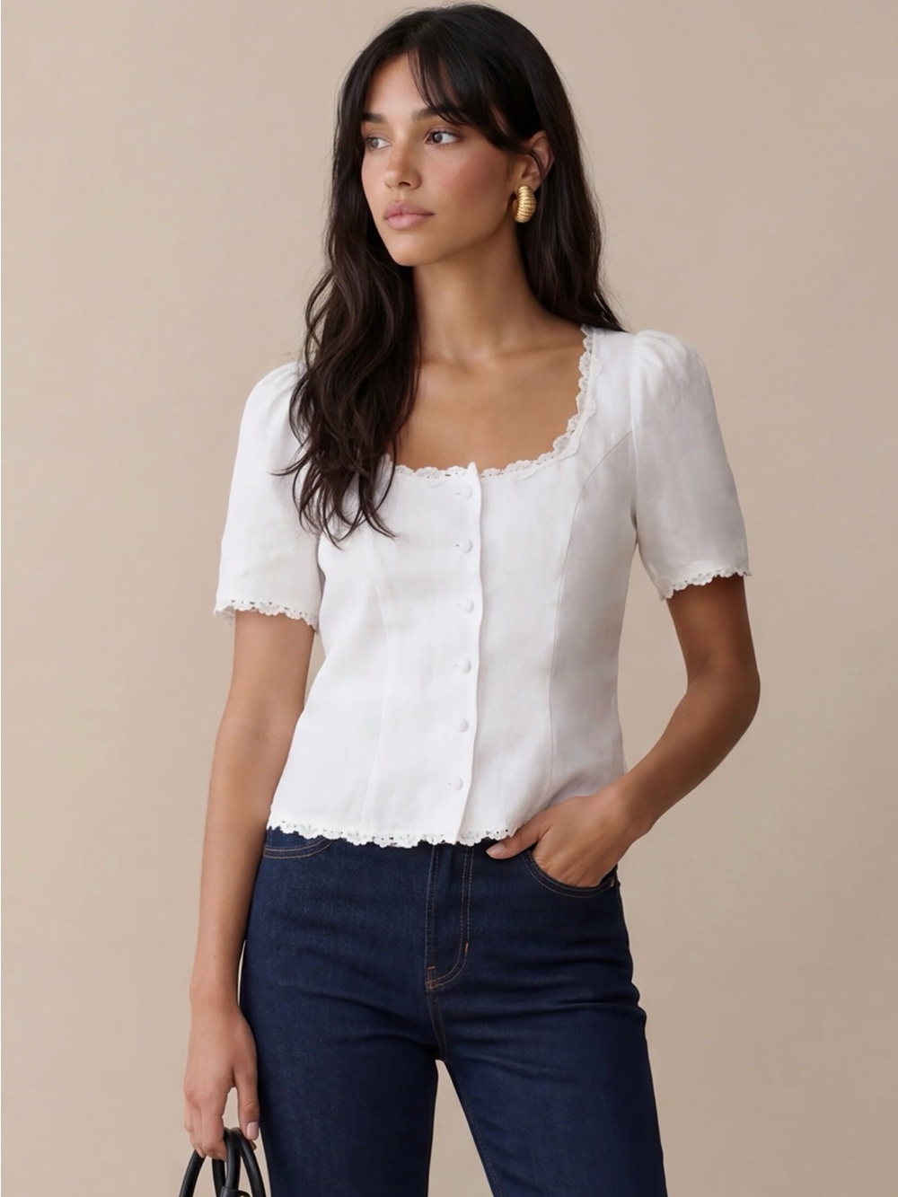 Square-Neck White Lace-Trim Button Front Blouse